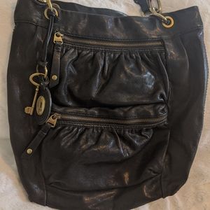 Fossil Black Vintage Leather Bag w/ Brass Hardware